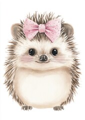 Obraz premium A cute illustrated hedgehog with a pink bow, perfect for children's decor or greeting cards, ideal for advertising, marketing, website backgrounds, banners, and commercial design