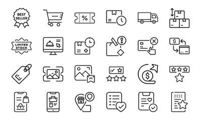 24 E-commerce and Shopping Line Icons Online Store, Delivery, Discount, Order Tracking, Product Rating, Inventory, Mobile Shopping, Payment, and Customer Review Vector Icon Set