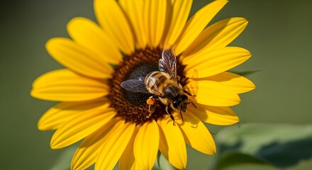 Busy bee collects nectar from bright yellow sunflower in summer