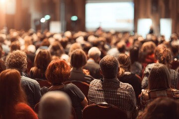 Conference audience engaged in discussions at a professional event held in a large venue with various speakers presenting from the stage