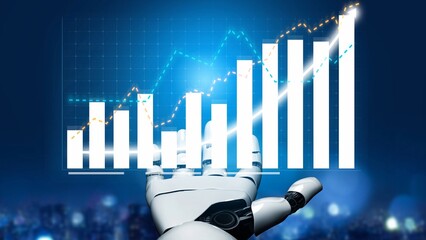 A futuristic robotic hand reaches out towards digital bar graphs and line charts, illustrating dynamic financial growth and data analysis in a technology-driven landscape. Copula