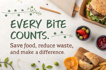 An eco-friendly "Every Bite Counts" message promoting food waste reduction, shown with a delicious burger meal and sustainable packaging generative ai
