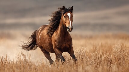 Fototapeta premium Majestic brown horse galloping across golden grasslands in the late afternoon sunlight with a mountainous backdrop