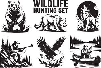 Obraz premium Wildlife hunting set featuring bear, wolf, eagle, hunters
