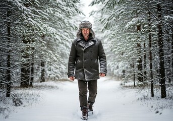 Naklejka premium Mature man in a warm fur lined hat and heavy coat walks along a snowy path in a winter forest