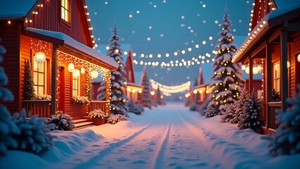 Cozy snow covered village street lit with christmas lights