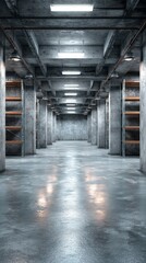 Obraz premium Spacious industrial storage area with concrete walls and bright lighting for organization and utility