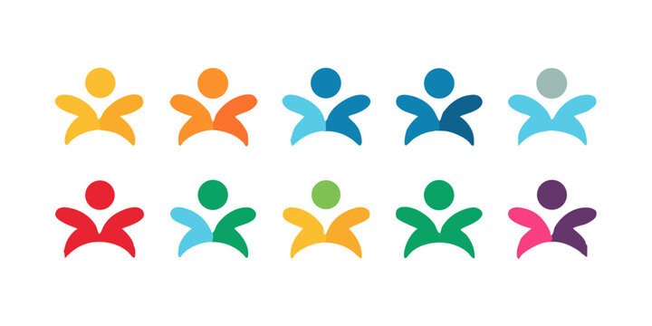 Colorful abstract people icons isolated on white background representing community, teamwork, and social connection, ideal for logos and designs emphasizing unity and collaboration