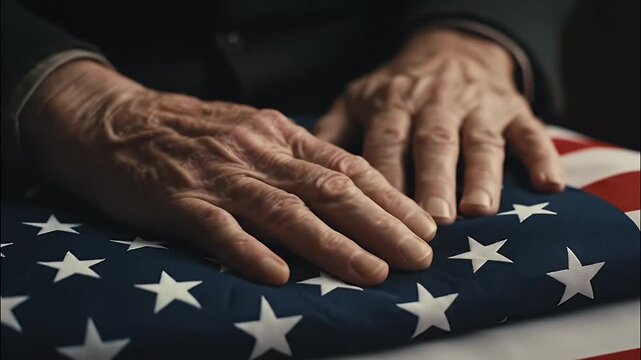 A Solemn Tribute Elderly Hands Gently Fold the Stars and Stripes Flag, Honoring Sacrifice and Patriotism USA patriotic and veteran symbol.	