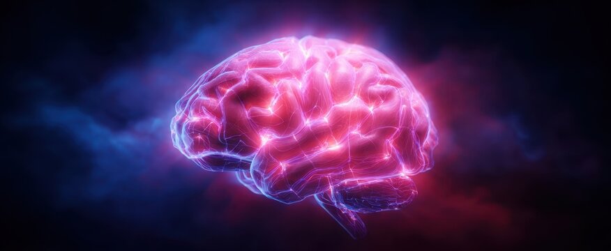 The brain illuminated by neon electrical currents floating in a cosmic blue pink void