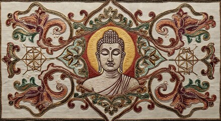 Embroidered Buddha Meditating with Ornate Floral Frame