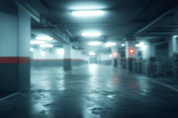 Blurry, empty underground parking garage interior creates spooky background. dark, eerie atmosphere with cool lighting and wet concrete floor evokes mystery and suspense