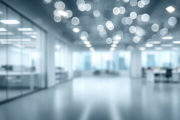 blurred office interior background with bokeh lights. blurred, empty corporate space with clean, abstract design and contemporary furniture for business concepts