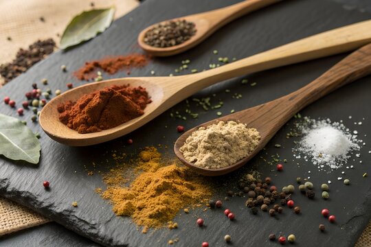 Various spices and herbs in wooden spoons on a dark slate surface, ready for cooking and seasoning food - Powered by Adobe