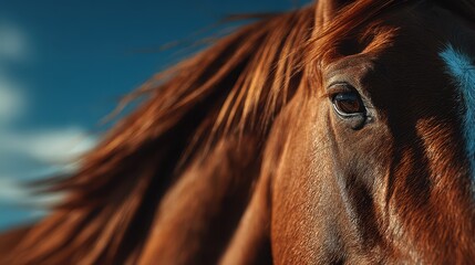Beautiful brown horse with flowing mane against a clear blue sky in a serene landscape during golden hour