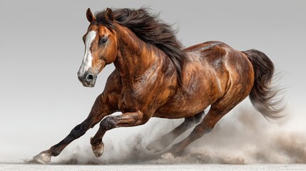 Obraz premium Strong horse running with vigor on a sandy surface in a studio showcasing its powerful form and flowing mane