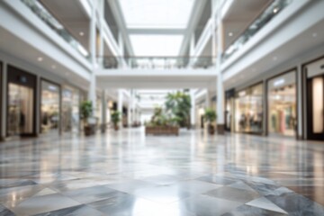 Blur Empty shopping mall interior with modern plaza architecture design. calm, blurred background of retail store corridor with no people, perfect for commercial use