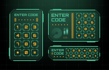 Interactive hud keypads with text enter code, number pad. Futuristic user interface elements for security access. © hiten666
