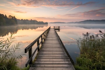 Fototapeta premium Wooden pier stretching into a misty lake at sunrise with warm golden light
