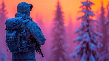 Naklejka premium Winter soldier stands watch in snowy forest, vibrant sunset