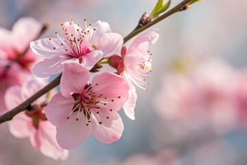 Obraz premium Closeup of delicate pink peach blossoms on a branch, symbolizing the arrival of spring and new life