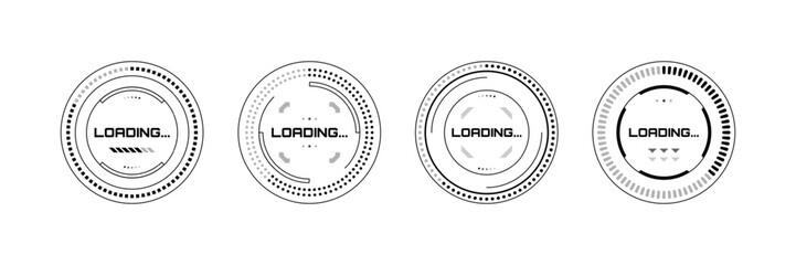 Four circular hud head up display vector graphics with loading status bar for user interface, futuristic interface, game design.