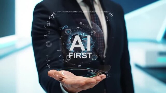AI First Hologram Displayed in Hand of Businessman in Dark Suit