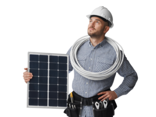 Construction worker holding solar panel and coiled cable isolated on transparent background