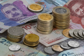 Colombian banknotes and coins of different denominations, Colombia,