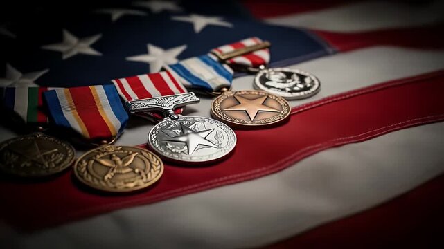 A heartfelt homage to courage and unwavering patriotism, showcasing an esteemed collection of military awards elegantly displayed upon the revered American flag.