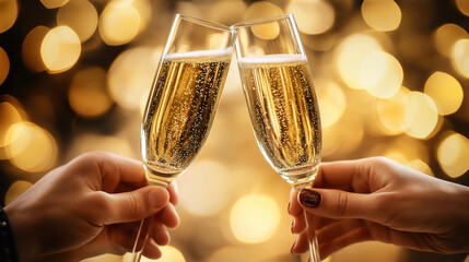 People toasting with champagne glasses in a celebratory mood on a festive background