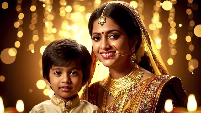 happy indian mother son traditional festival celebration