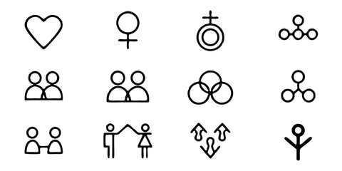 Collection of twelve social and relationship icons isolated on white background, featuring symbols for love, gender, and community, designed in a minimalist and modern style