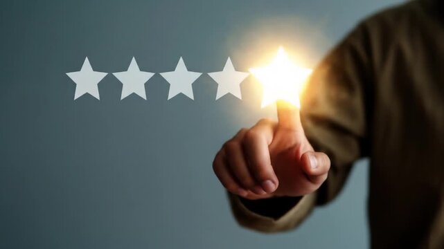 A person's finger touches a glowing fifth star to give a perfect rating