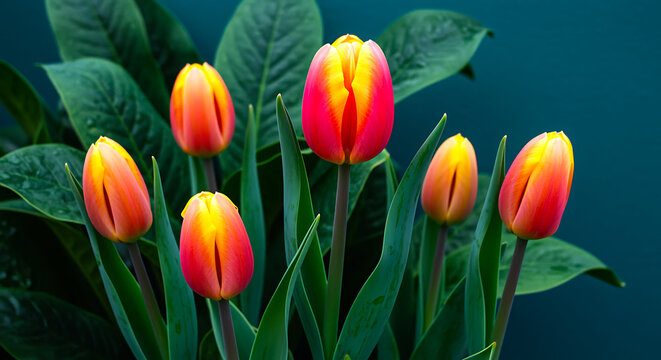 Vibrant cluster of unopened red and yellow bi color tulips with lush green leaves against a dark teal background
