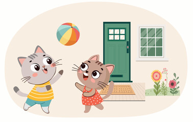 happy adorable two cats playing with ball