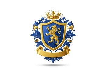 A royal coat of arms featuring a golden lion rampant on a blue shield with crown