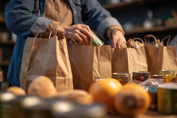Volunteers pack food donations into paper bags at a community food drive event in a local center