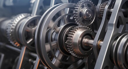 Intricate Machine Gears and Pulleys: A Close-Up of Industrial Precision and Design