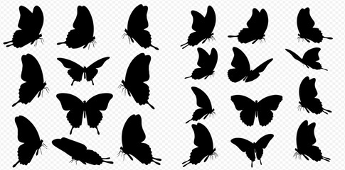 A collection of black butterfly silhouettes shown from multiple angles and in various flight poses.