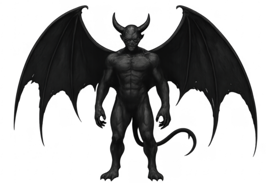 Devil character standing with open wings on transparent background