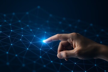 Human hand touching glowing digital connection point on futuristic blue network grid representing innovation technology communication and data transfer in virtual cyberspace