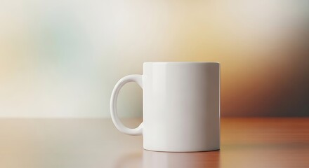 A clean, white ceramic mug stands ready on a wooden surface with a soft, blurred background.