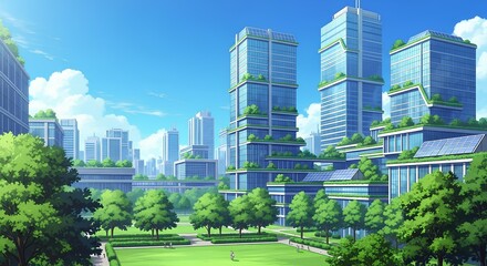 Obraz premium Futuristic cityscape with green architecture under a vibrant blue sky landscape