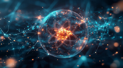 Obraz premium Unstable atom nucleus with spinning electrons on tech background.