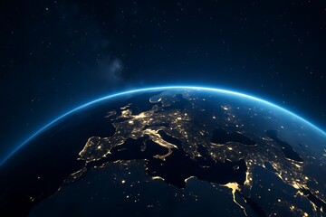 Fototapeta premium Europe and Mediterranean coastline illuminated at night from space showing glowing city lights earth curvature and atmospheric glow against dark starry sky global view satellite imagery