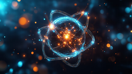 Unstable atom nucleus with spinning electrons on tech background.
