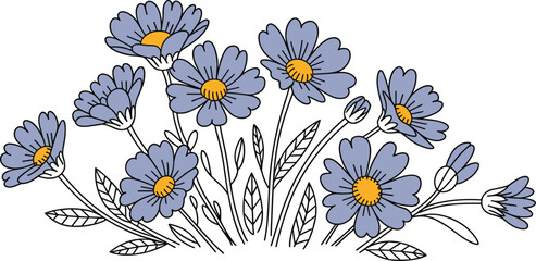 Delicate cluster of light purple wildflowers with yellow centers and thin stems