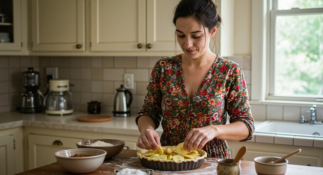 Young woman with joyful mood making apple pie in cozy kitchen for Thanksgiving holiday