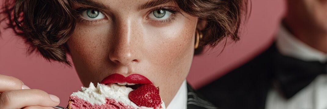 Indulgent dessert moment featuring a woman savoring cake against a pink backdrop